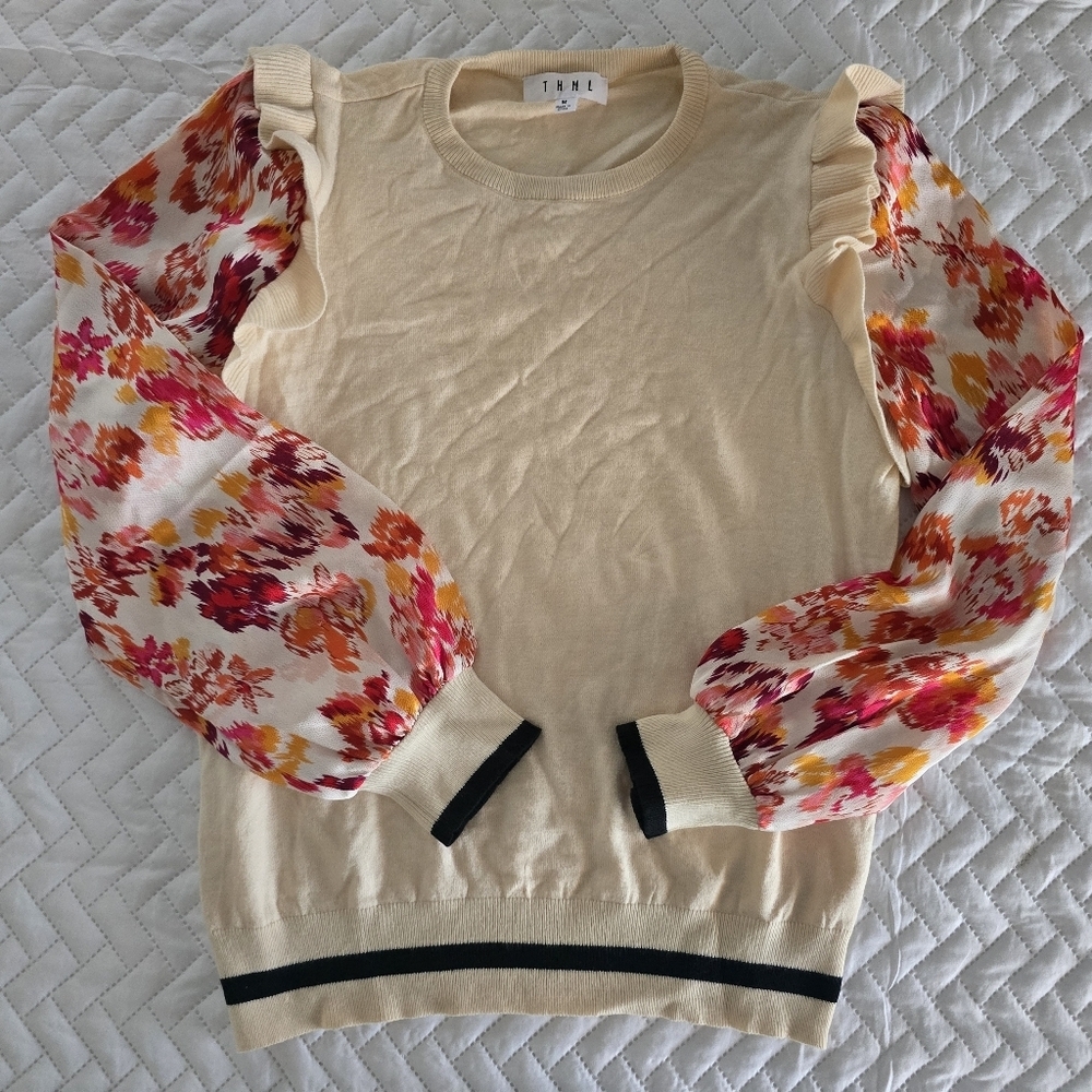 THML Cream Long Sleeve Sweater Top Floral Sleeves
